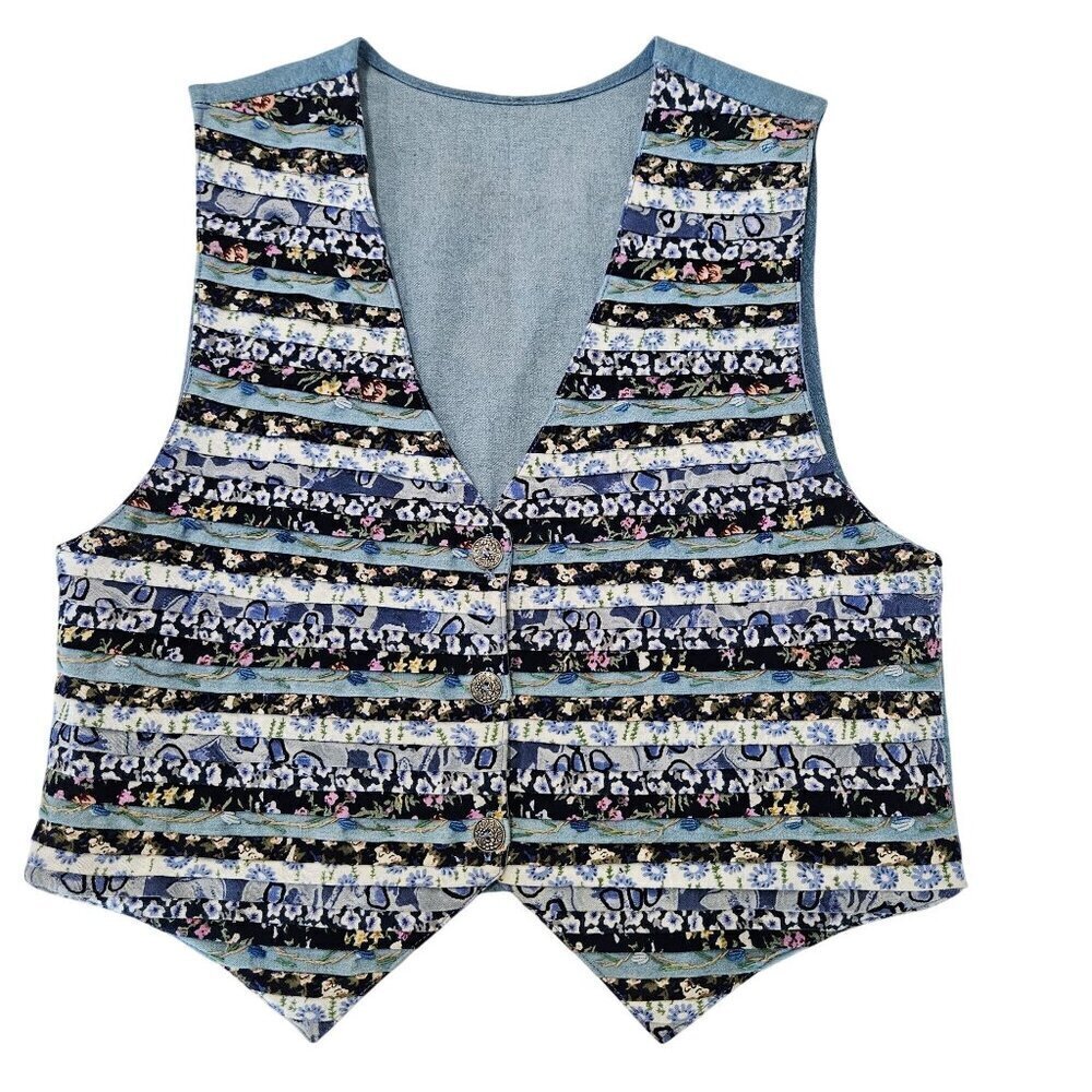 Vintage Boho Cottagecore Large Floral Patchwork‎ Stripes Vest Embroidered Blue